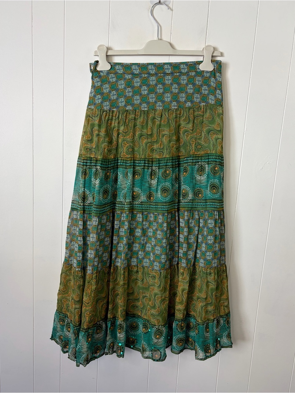 Vintage Boho Sequin Tiered Midi Maxi Skirt Size Medium Green Blue Festival Fairy - Picture 4 of 11